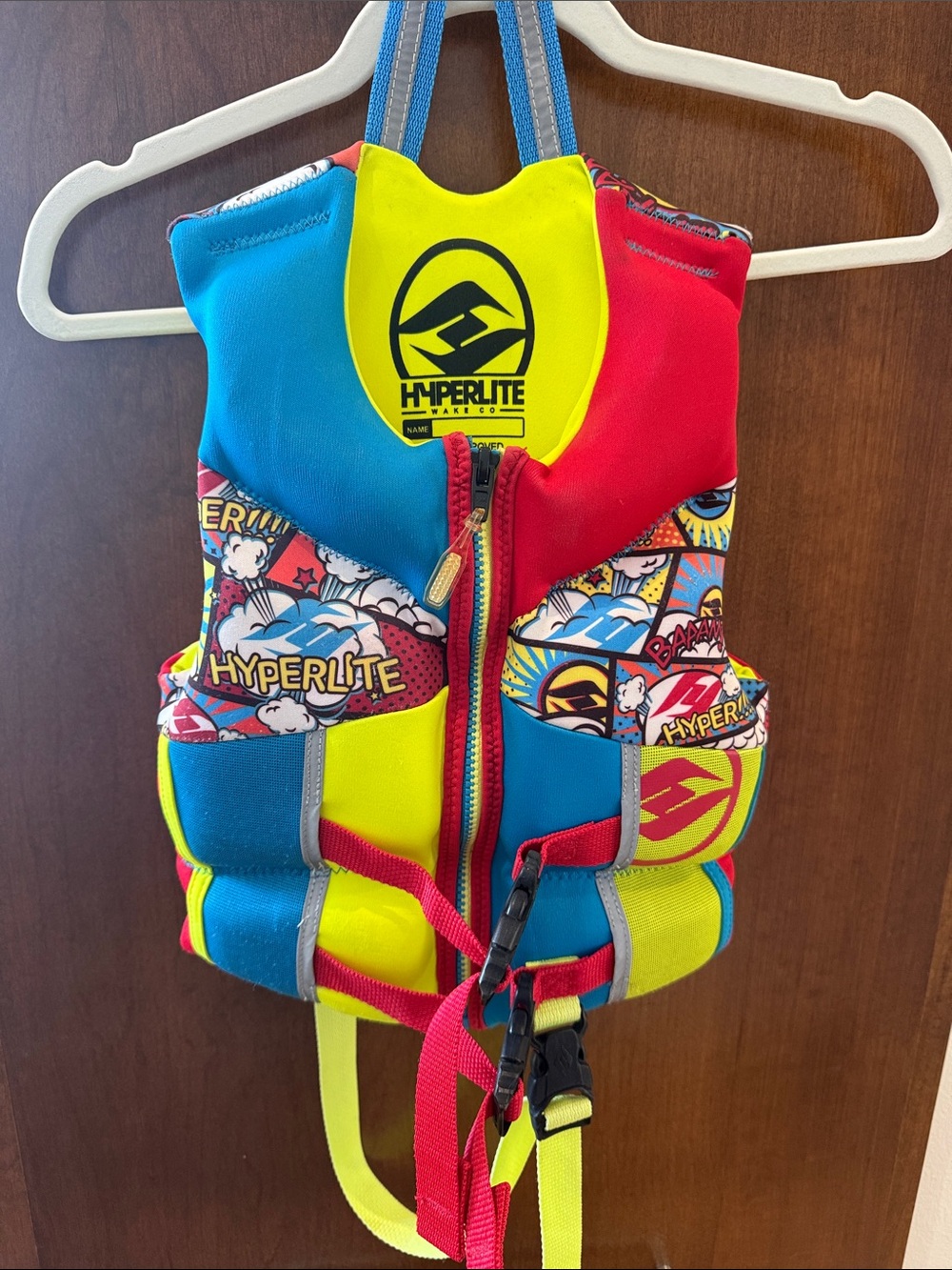 Hyperlite Kids' Neoprene Life Jacket - Bright Yellow/Blue/Red
